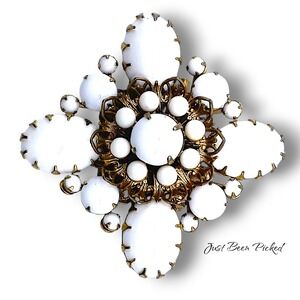 Vintage Milk Glass Brooch Open / Rivited /‎ Prong Set Stones Back Unmarked